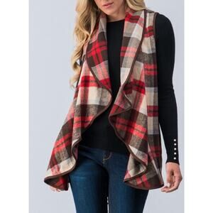 ETWO Plaid Waterfall Open Front Wool Polyester Vest New Size L